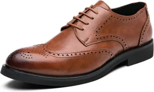 HOOENG Oxford Shoes for Men Lace Up Burnished Round Toe Brogue Embossed Wingtip Faux Leather Rubber Sole Low Top Block Heel Prom (Color : Brown, Size : 8.5)