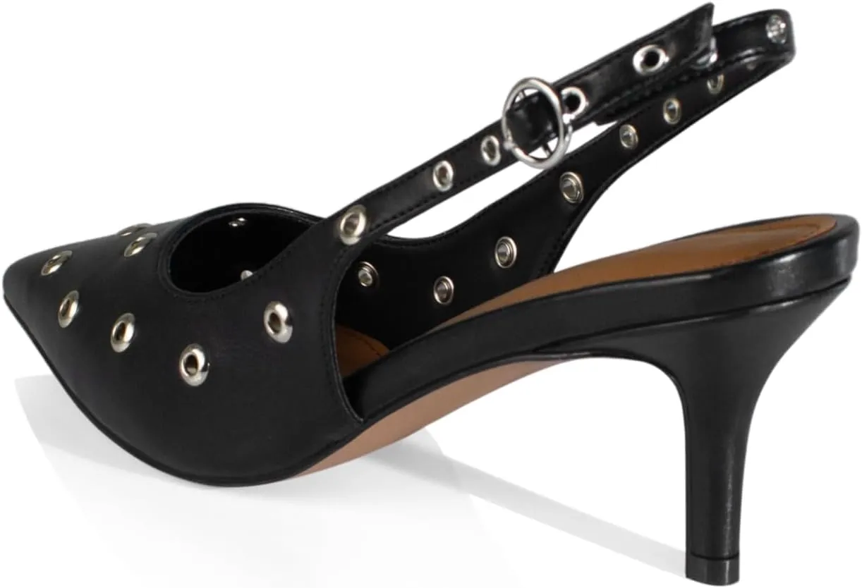 iadore Women Fashion Kitten Low Heel Pumps Sexy Pointed Toe Slingback Shoes Chic Eyelets Strappy Buckle Matte Heels Size 5-12 US