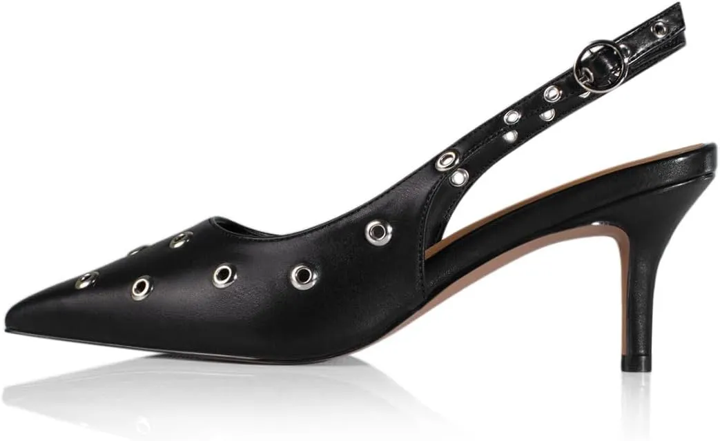 iadore Women Fashion Kitten Low Heel Pumps Sexy Pointed Toe Slingback Shoes Chic Eyelets Strappy Buckle Matte Heels Size 5-12 US