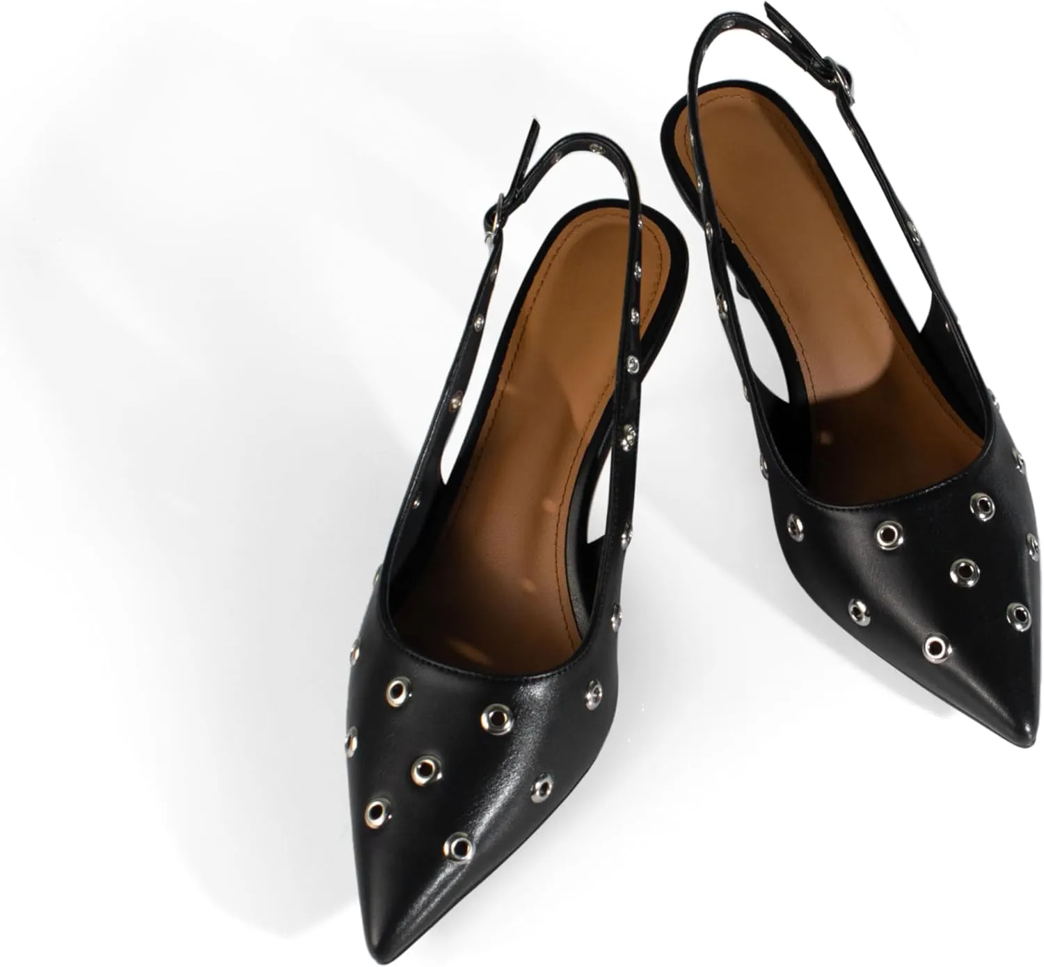 iadore Women Fashion Kitten Low Heel Pumps Sexy Pointed Toe Slingback Shoes Chic Eyelets Strappy Buckle Matte Heels Size 5-12 US
