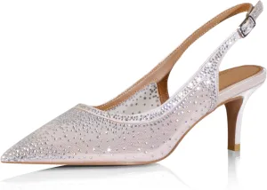 iadore Women Fashion Low Kitten Heel Pumps Sexy Rhinestone Splicing Mesh Suede Slingback Shoes Classic Wedding Party Pumps Size 5-12 US