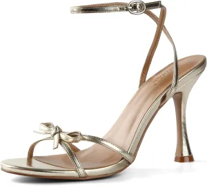 iiimmu Women's Bow Heels 4 IN Stiletto Heeled Sandals for Women Round Open Toe Sandals Elegant Summer Heels Soft PU Leather/Faux Suede