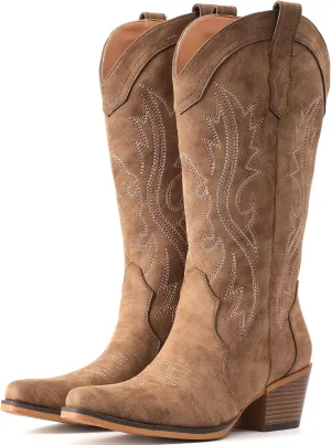 IUV Cowboy Boots For Women Western Cowgirl Boots with Chunky Heel Mid Calf Snip Toe Ideal for low insteps