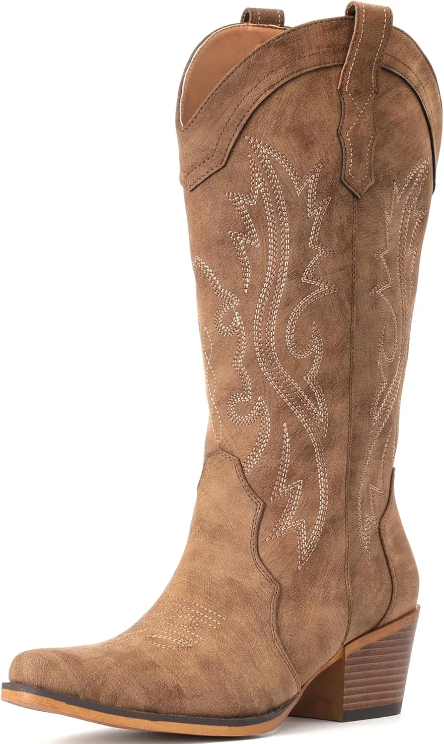 IUV Cowboy Boots For Women Western Cowgirl Boots with Chunky Heel Mid Calf Snip Toe Ideal for low insteps