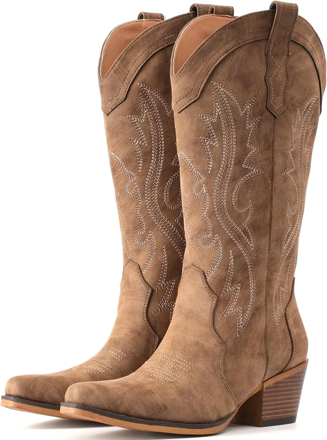 IUV Cowboy Boots For Women Western Cowgirl Boots with Chunky Heel Mid Calf Snip Toe Ideal for low insteps