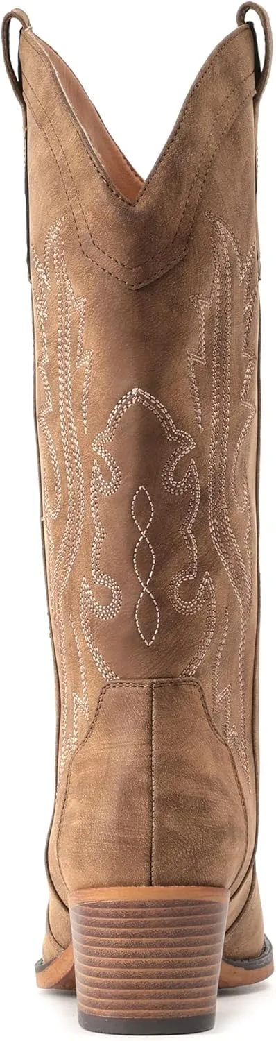 IUV Cowboy Boots For Women Western Cowgirl Boots with Chunky Heel Mid Calf Snip Toe Ideal for low insteps