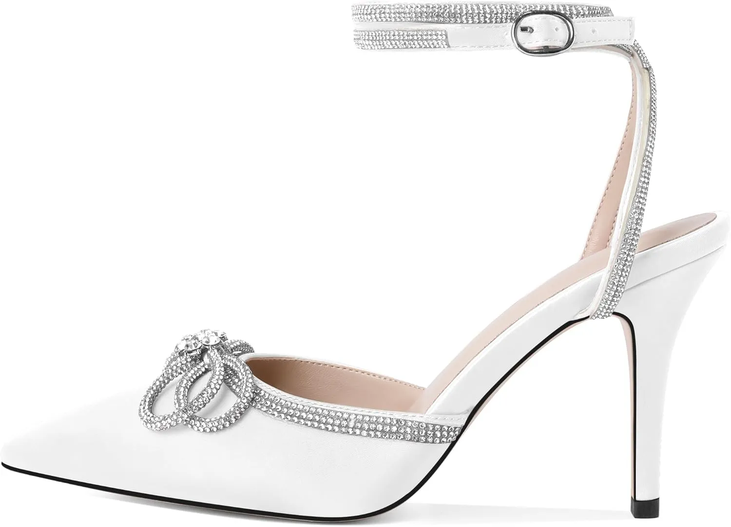 Joseywade Rhinestone Bow Heels High Stiletto Heels Pumps Closed Pointed Toe Women Lace-up Strappy Ankle Strap Shoes for Bridal Brides