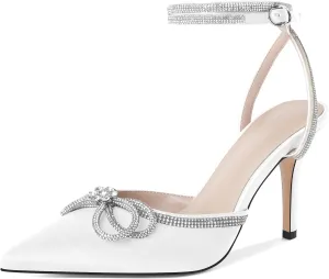 Joseywade Rhinestone Bow Heels High Stiletto Heels Pumps Closed Pointed Toe Women Lace-up Strappy Ankle Strap Shoes for Bridal Brides