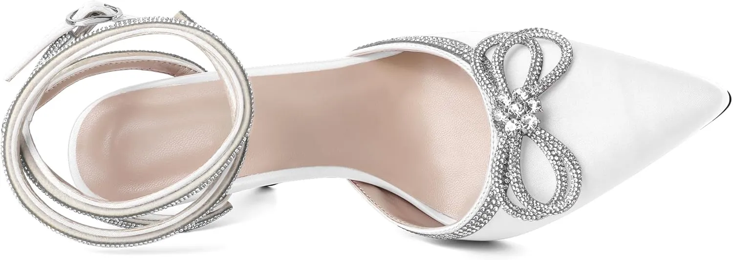Joseywade Rhinestone Bow Heels High Stiletto Heels Pumps Closed Pointed Toe Women Lace-up Strappy Ankle Strap Shoes for Bridal Brides