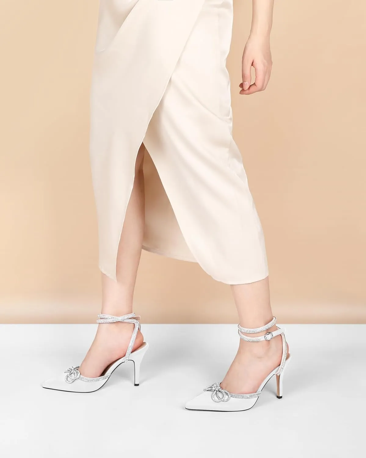 Joseywade Rhinestone Bow Heels High Stiletto Heels Pumps Closed Pointed Toe Women Lace-up Strappy Ankle Strap Shoes for Bridal Brides
