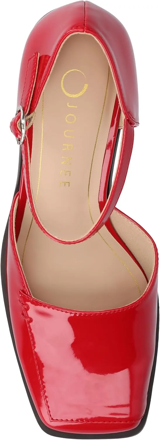 Journee Collection Womens Buckle Strap Open Square Toe Chunky Stacked Block Heel Evangeline Comfort Foam Pumps