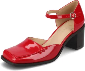 Journee Collection Womens Buckle Strap Open Square Toe Chunky Stacked Block Heel Evangeline Comfort Foam Pumps