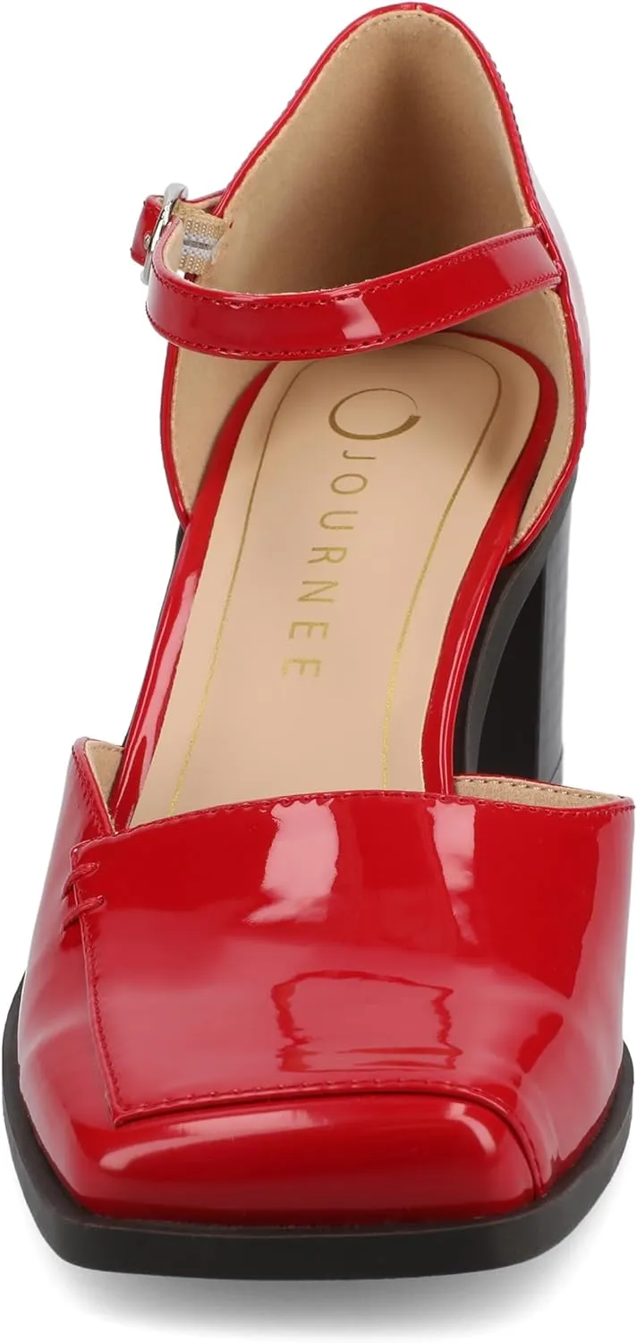 Journee Collection Womens Buckle Strap Open Square Toe Chunky Stacked Block Heel Evangeline Comfort Foam Pumps