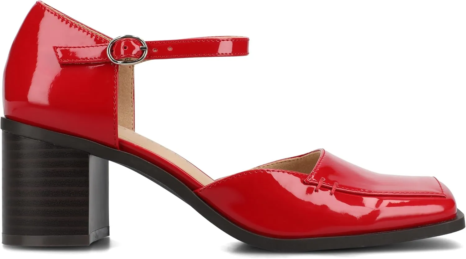 Journee Collection Womens Buckle Strap Open Square Toe Chunky Stacked Block Heel Evangeline Comfort Foam Pumps