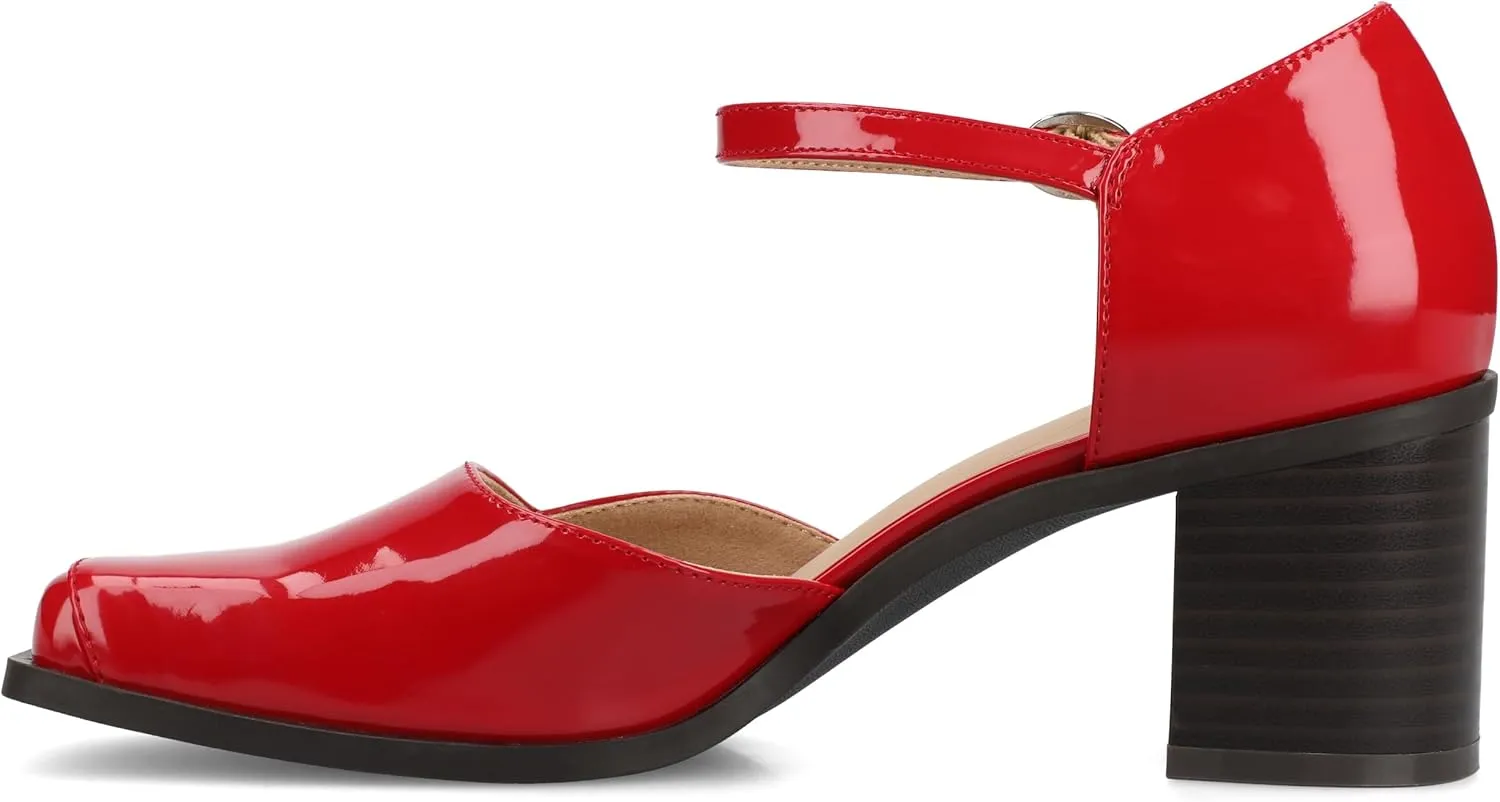 Journee Collection Womens Buckle Strap Open Square Toe Chunky Stacked Block Heel Evangeline Comfort Foam Pumps