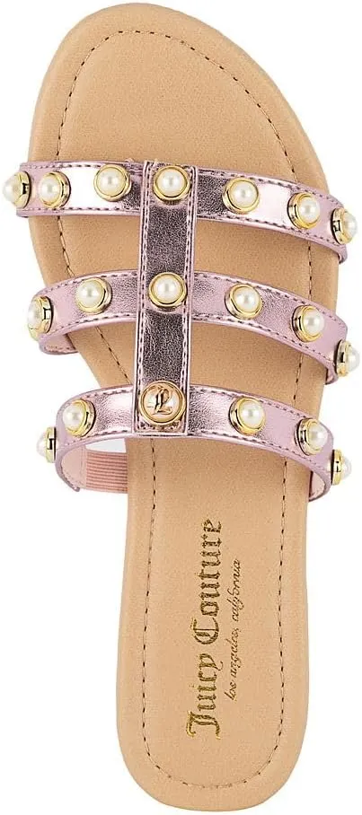 Juicy Couture Women's Slide Sandal – Flat, Dressy, Comfortable, Vegan Leather, Pearl Embellished Slides for Casual & Summer Wear