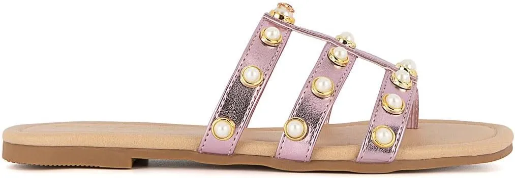 Juicy Couture Women's Slide Sandal – Flat, Dressy, Comfortable, Vegan Leather, Pearl Embellished Slides for Casual & Summer Wear