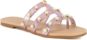 Juicy Couture Women's Slide Sandal – Flat, Dressy, Comfortable, Vegan Leather, Pearl Embellished Slides for Casual & Summer Wear