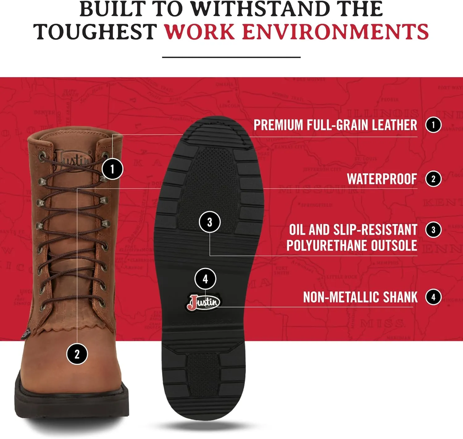 Justin Livestock 8'' Waterproof Work Boots for Men - Durable Premium Full-Grain Leather with Comfort Insole and Slip-Resistant Outsole, EH-Resistant