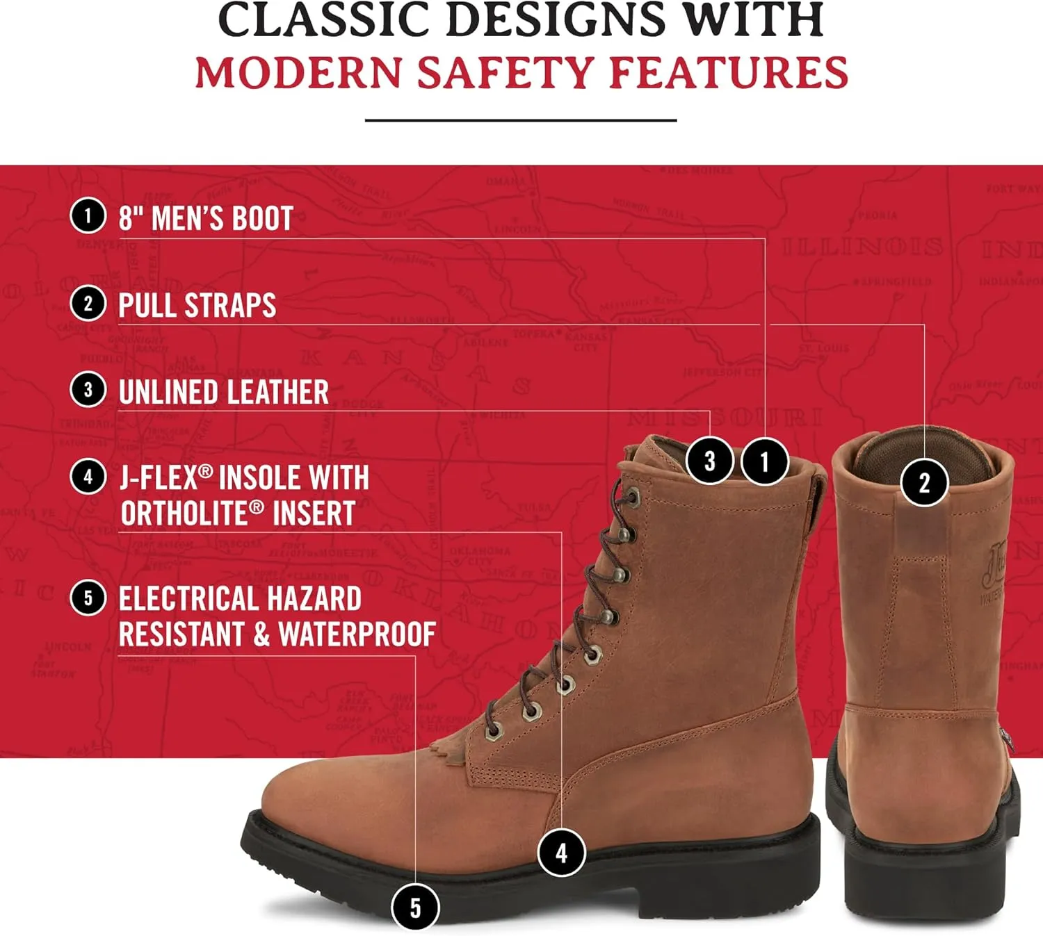 Justin Livestock 8'' Waterproof Work Boots for Men - Durable Premium Full-Grain Leather with Comfort Insole and Slip-Resistant Outsole, EH-Resistant
