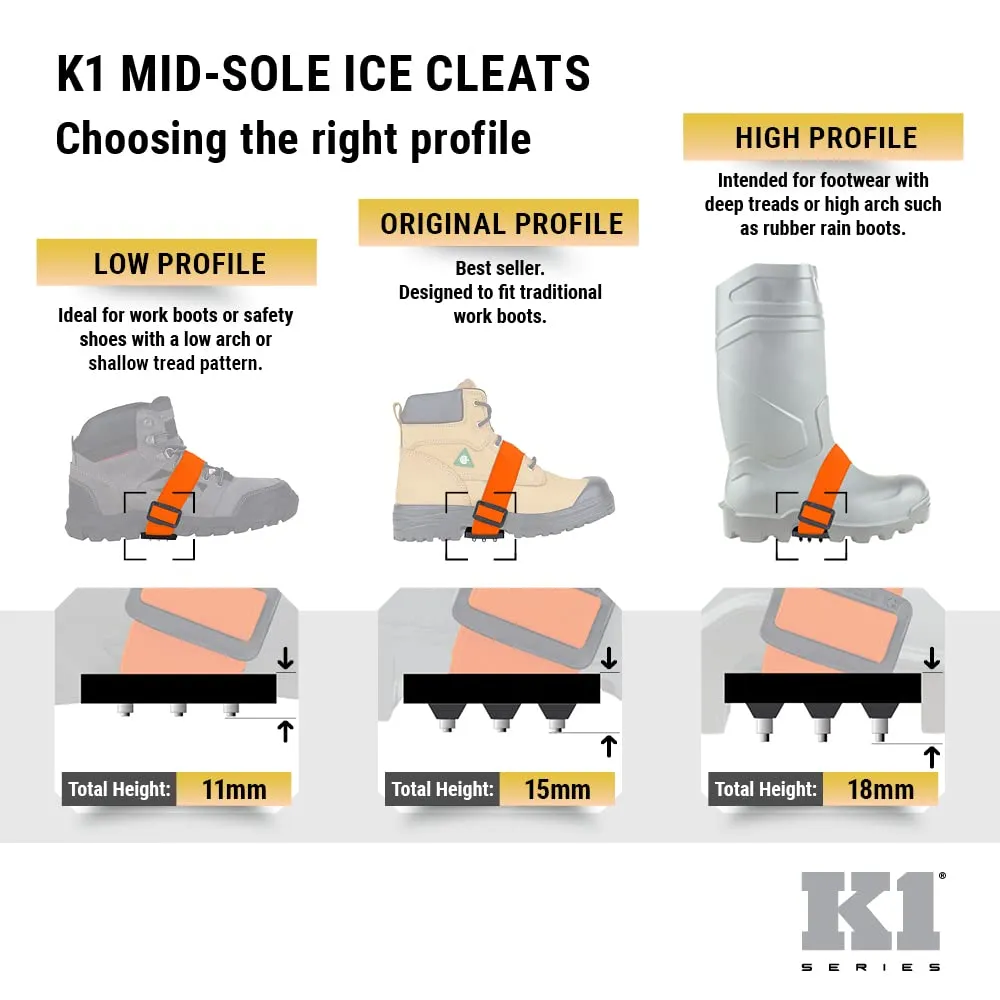 K1 Mid-Sole Ice Cleats for Men & Women - Rotatable Traction Aids For Winter Snow - Original Profile - Black