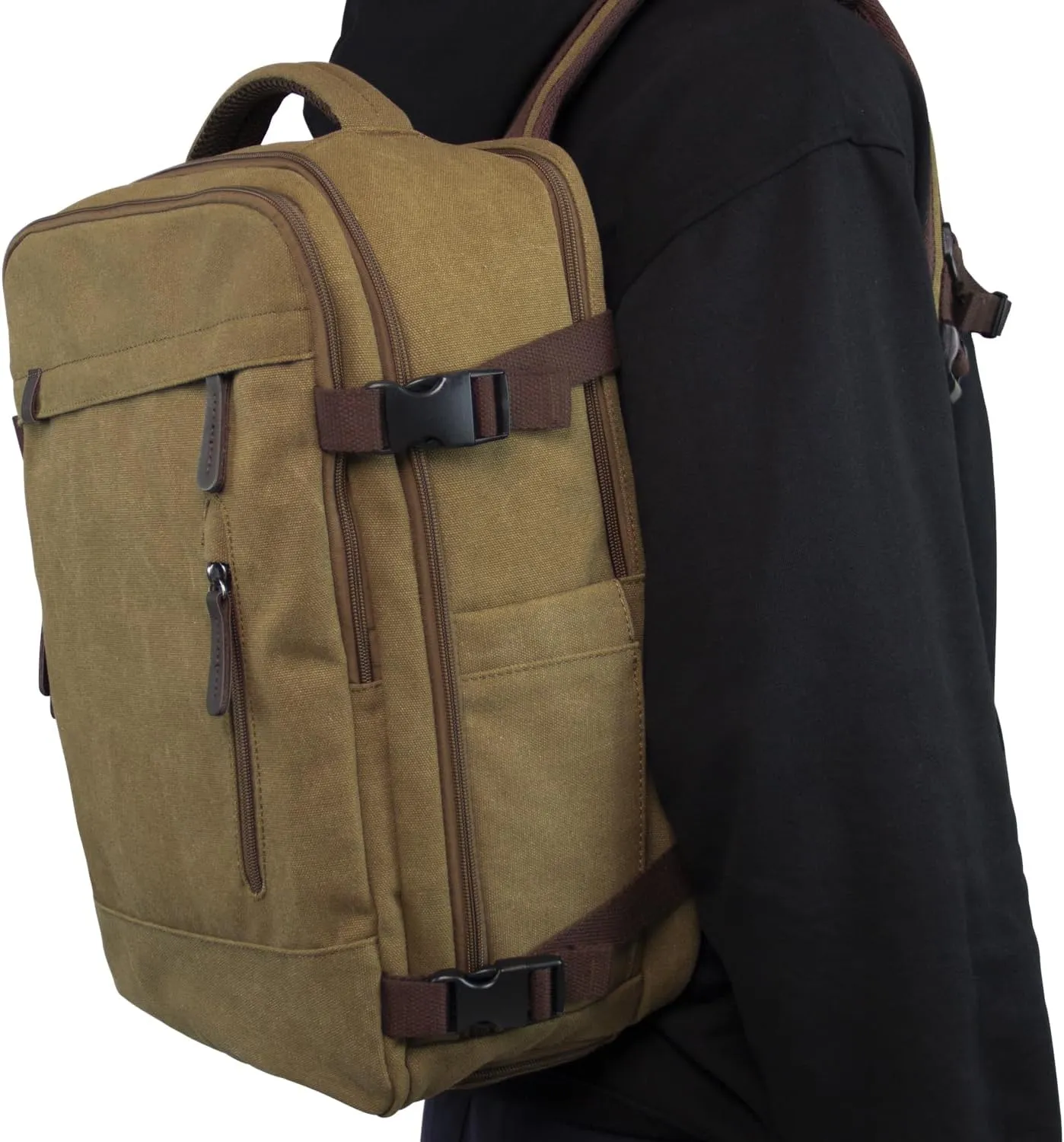 KAUKKO Thick Canvas Travel Backpack, Flight Approved Carry On Backpack with Shoe Pouch and 15.6 inch Laptop Compartment, 40L Luggage Casual Daypack Weekender Bag 10-KHAKI