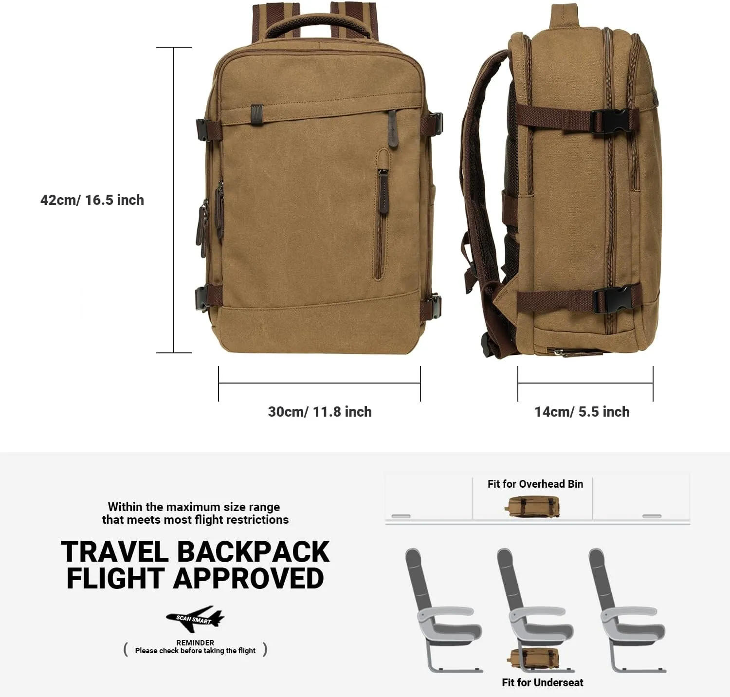 KAUKKO Thick Canvas Travel Backpack, Flight Approved Carry On Backpack with Shoe Pouch and 15.6 inch Laptop Compartment, 40L Luggage Casual Daypack Weekender Bag 10-KHAKI