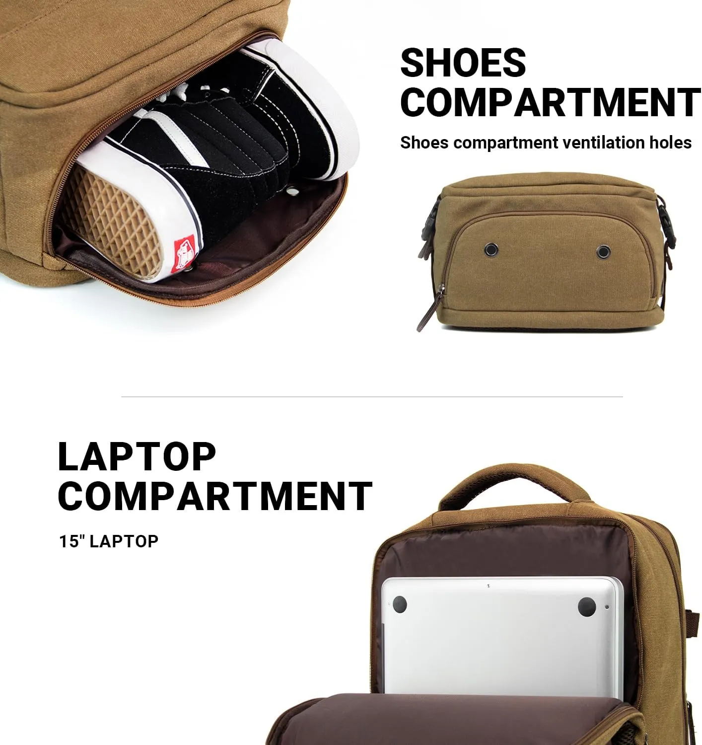 KAUKKO Thick Canvas Travel Backpack, Flight Approved Carry On Backpack with Shoe Pouch and 15.6 inch Laptop Compartment, 40L Luggage Casual Daypack Weekender Bag 10-KHAKI