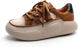 KCTRFSJ Women's Leather Hollow Casual Platform Sneakers,Fashion Lace-up Breathable Increasing Walking Shoes,Comfortable Low Top Non-Slip Running Sports Shoe