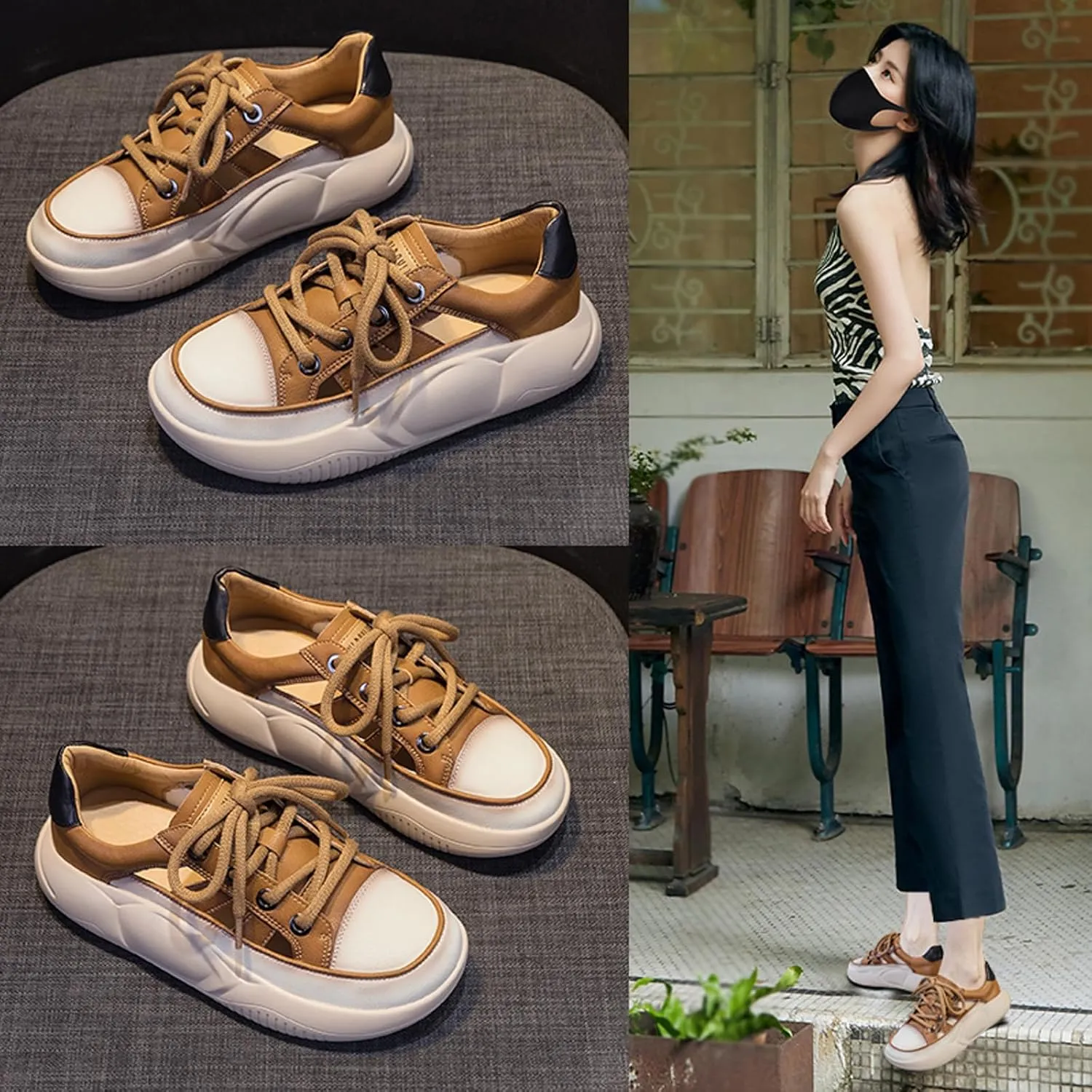 KCTRFSJ Women's Leather Hollow Casual Platform Sneakers,Fashion Lace-up Breathable Increasing Walking Shoes,Comfortable Low Top Non-Slip Running Sports Shoe