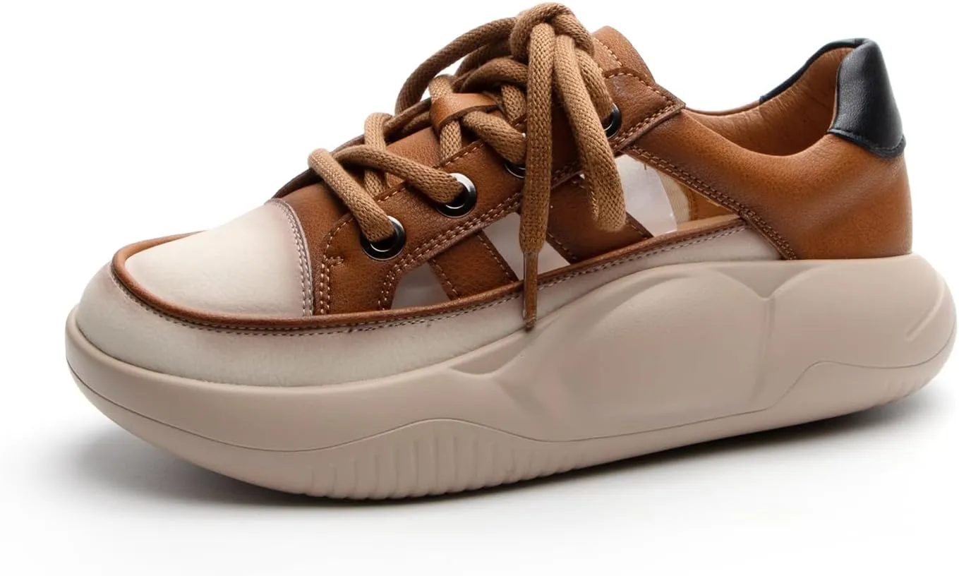 KCTRFSJ Women's Leather Hollow Casual Platform Sneakers,Fashion Lace-up Breathable Increasing Walking Shoes,Comfortable Low Top Non-Slip Running Sports Shoe