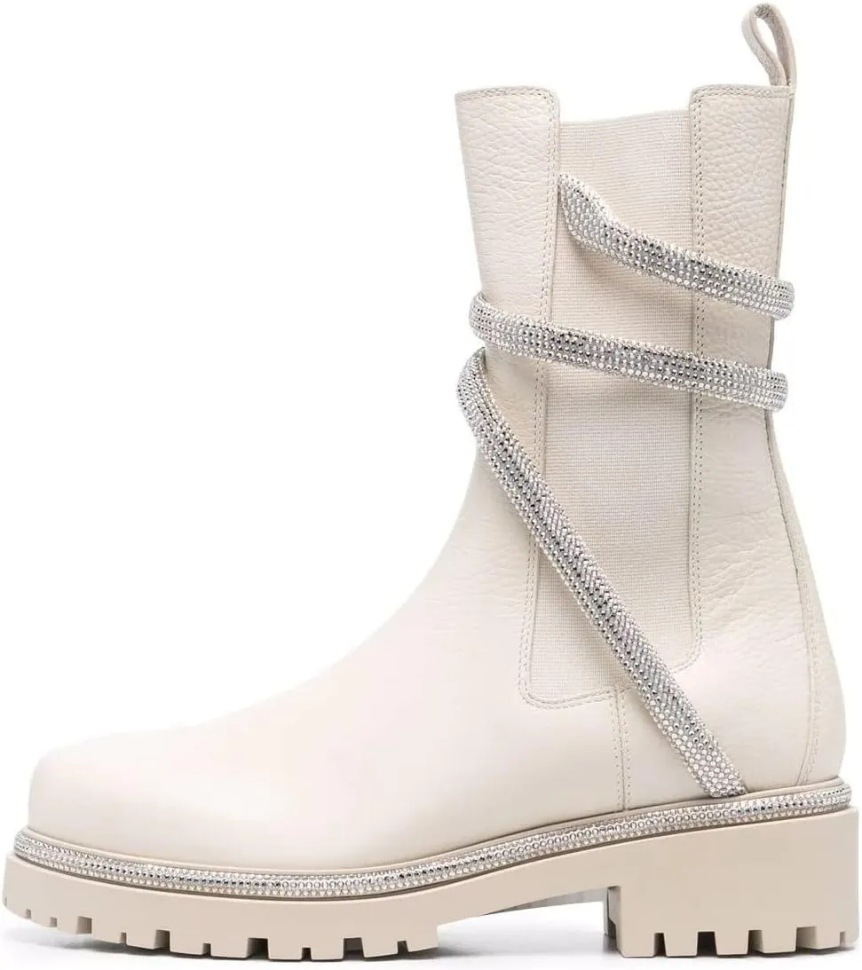 keleimusi Women's Crystal Embellished Ankle Wrap Chelsea Combat Booties with Flat Lugs