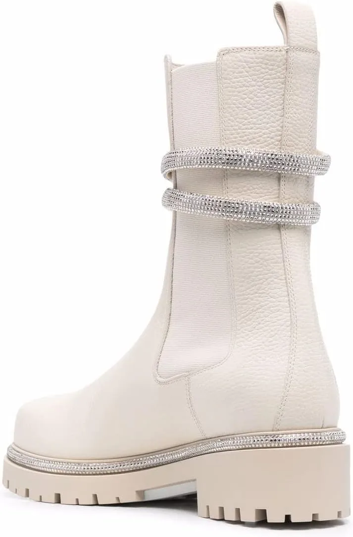 keleimusi Women's Crystal Embellished Ankle Wrap Chelsea Combat Booties with Flat Lugs