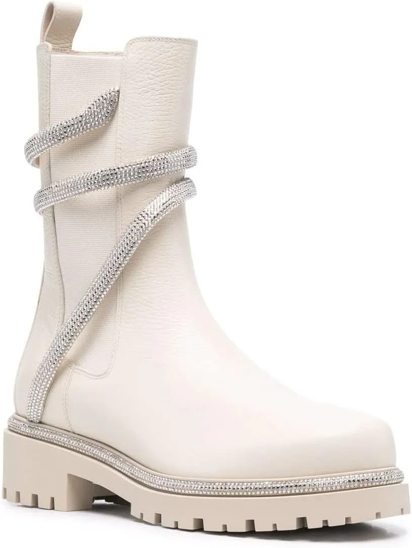 keleimusi Women's Crystal Embellished Ankle Wrap Chelsea Combat Booties with Flat Lugs