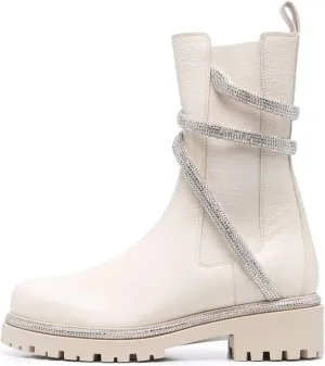 keleimusi Women's Crystal Embellished Ankle Wrap Chelsea Combat Booties with Flat Lugs