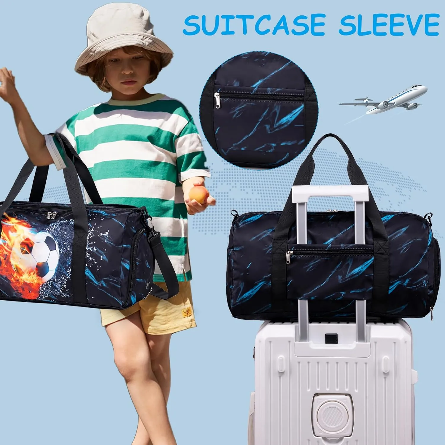 Kids Duffle Bag Boys Overnighter Travel Sport Gym Bag Weekender Carry On Shoulder Bag with Shoe Compartment & Wet Pocket