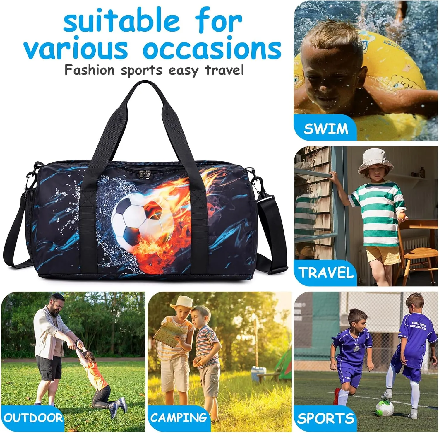 Kids Duffle Bag Boys Overnighter Travel Sport Gym Bag Weekender Carry On Shoulder Bag with Shoe Compartment & Wet Pocket
