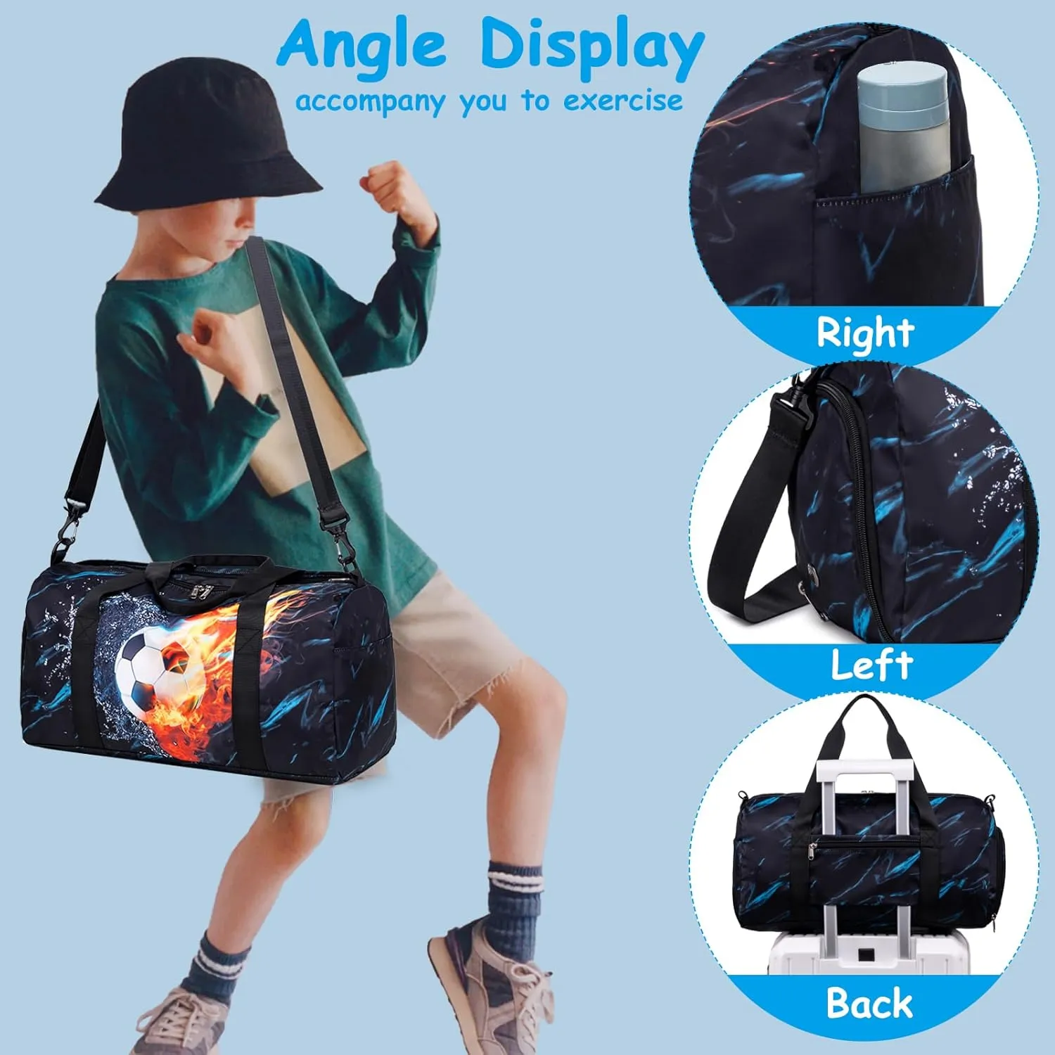 Kids Duffle Bag Boys Overnighter Travel Sport Gym Bag Weekender Carry On Shoulder Bag with Shoe Compartment & Wet Pocket