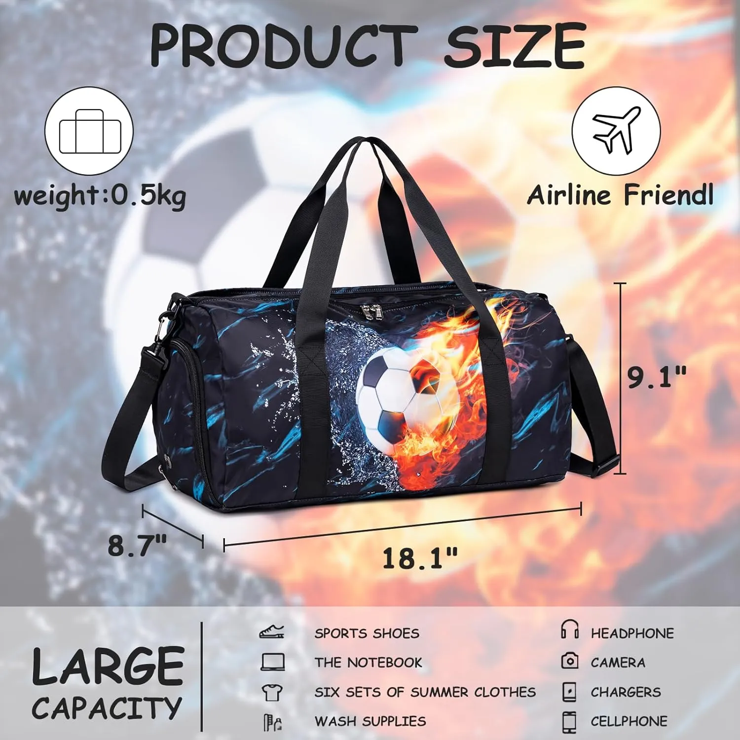 Kids Duffle Bag Boys Overnighter Travel Sport Gym Bag Weekender Carry On Shoulder Bag with Shoe Compartment & Wet Pocket