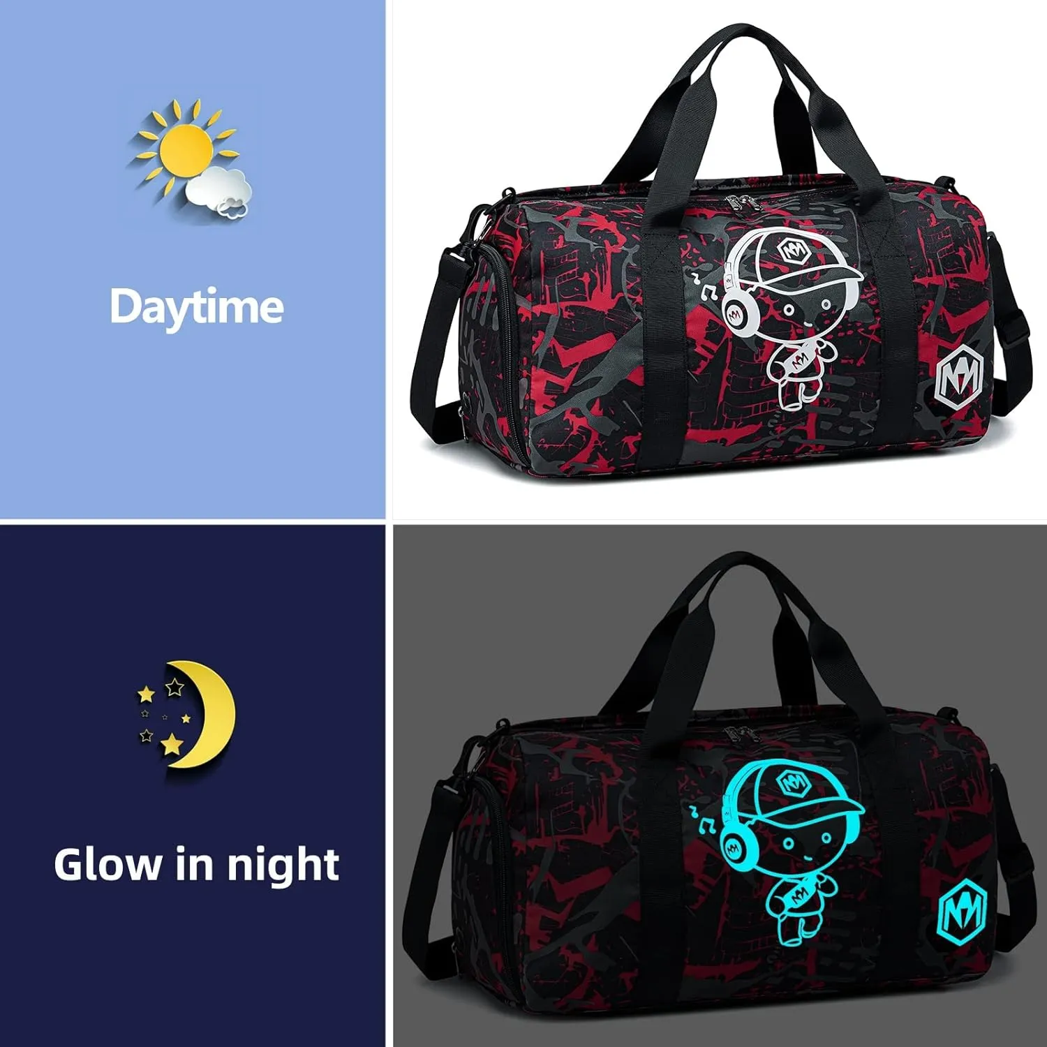Kids Overnight Duffle Sport Gym Gag with Shoe Compartment & Wet Pocket Luminous Small Sleepover bag Carry on Weekender Travel Tote for Kids Boys Girls