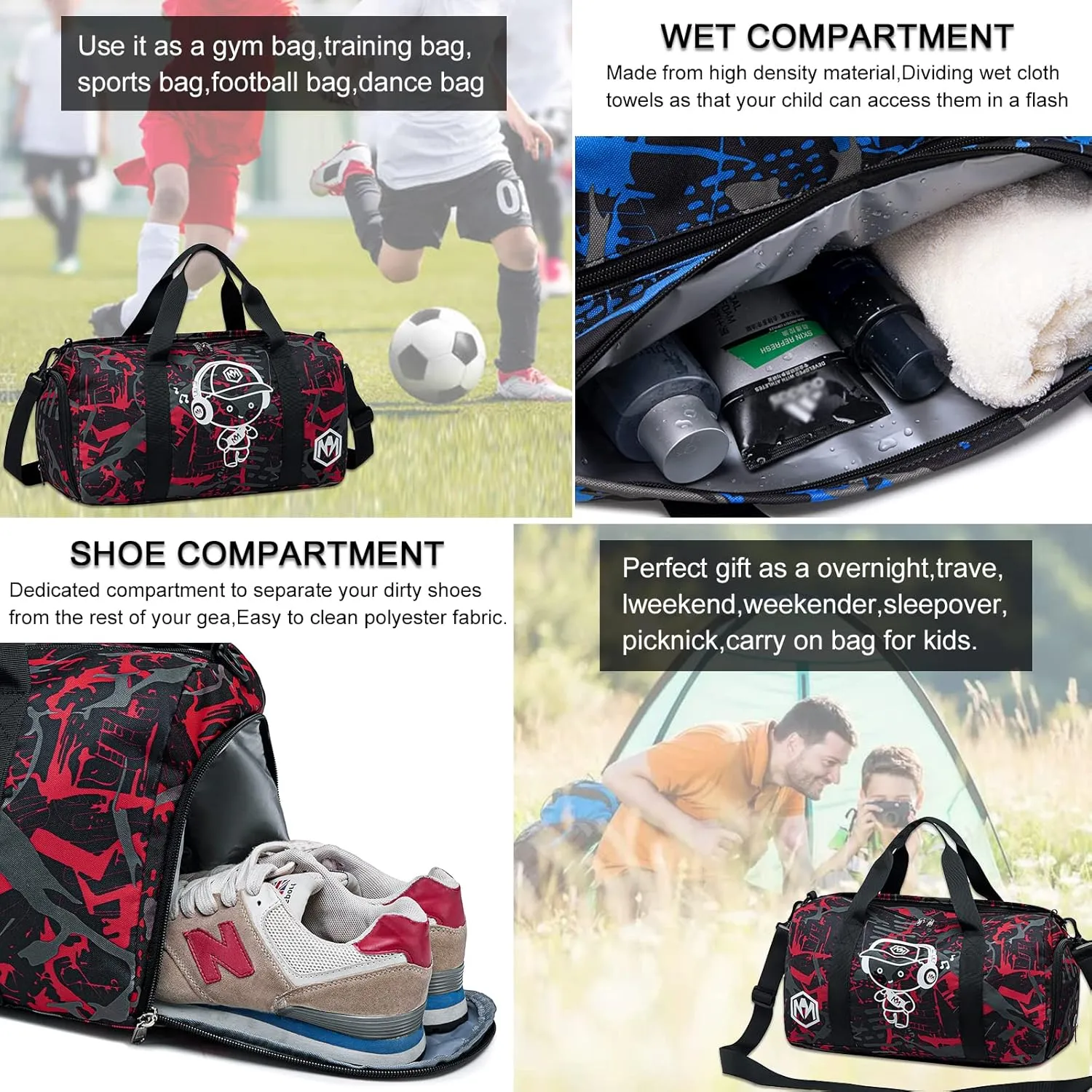 Kids Overnight Duffle Sport Gym Gag with Shoe Compartment & Wet Pocket Luminous Small Sleepover bag Carry on Weekender Travel Tote for Kids Boys Girls