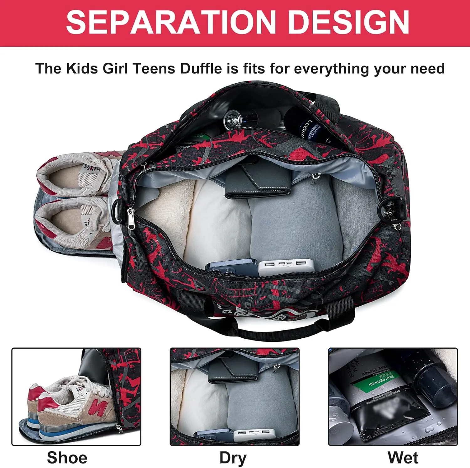 Kids Overnight Duffle Sport Gym Gag with Shoe Compartment & Wet Pocket Luminous Small Sleepover bag Carry on Weekender Travel Tote for Kids Boys Girls