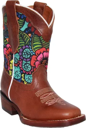 Kids Western Boot Girls Floral Cowboy Cowgirl Leather Brown Boot