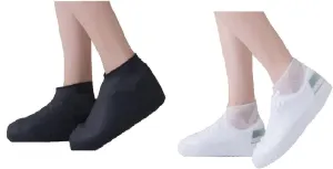 king's deal 2 pairs Shoe Covers Silicone Waterproof - Men/Women Covers for Shoes - Shoe Covers Outdoor Walking/Boot -Reusable Non Slip Sole -Durable for Rainy and Snowy(Large, black white)
