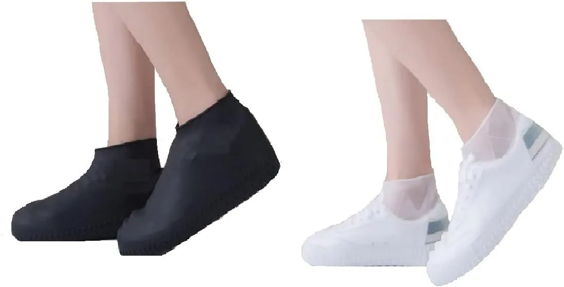 king's deal 2 pairs Shoe Covers Silicone Waterproof - Men/Women Covers for Shoes - Shoe Covers Outdoor Walking/Boot -Reusable Non Slip Sole -Durable for Rainy and Snowy(Large, black white)