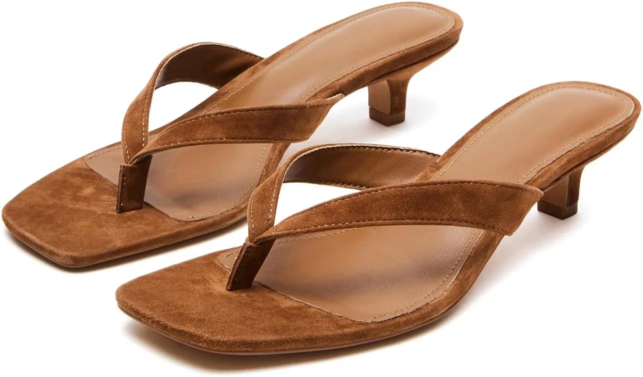 Kitten Heeled Thong Sandals for Women Suede Flip Flop Square Open Toe Slip on Slides