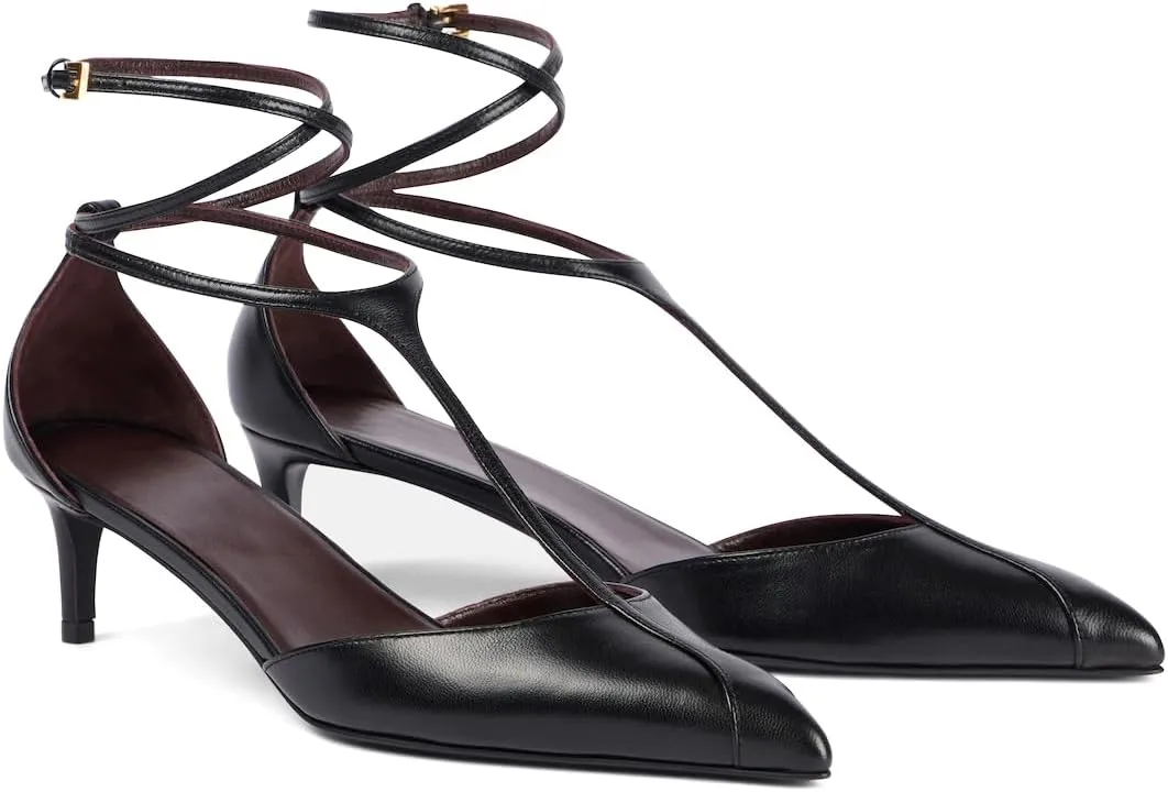 Kitten Heels for Women Pointed Toe Pumps Leather Mid Heel Slingback Heels T Strap Dress Shoes