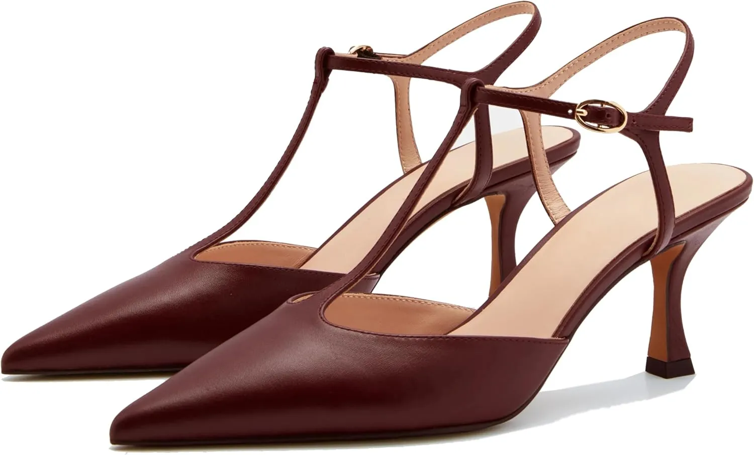 Kitten Heels for Women Pointed Toe T-Strap Slingback Pumps Vintage Classic Stiletto Mid Heel Wedding Bride Dress Shoes