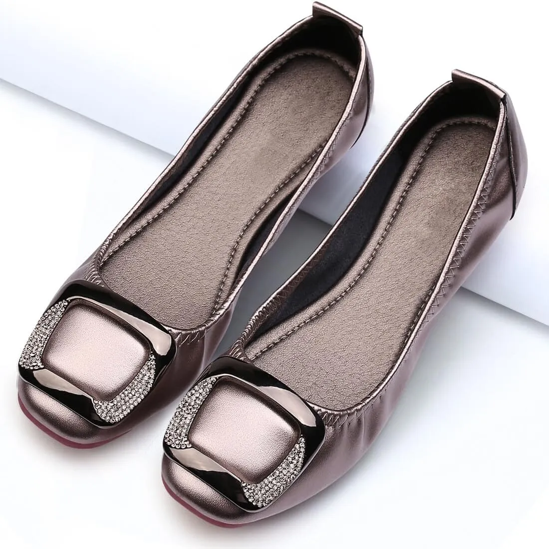 KUNWFNIX Women's Ballet Flats Crystal Wedding Ballerina Shoes Pointed Toe Pearl Diamond Low Heel Comfortable Dressy Work Business Dance Flats