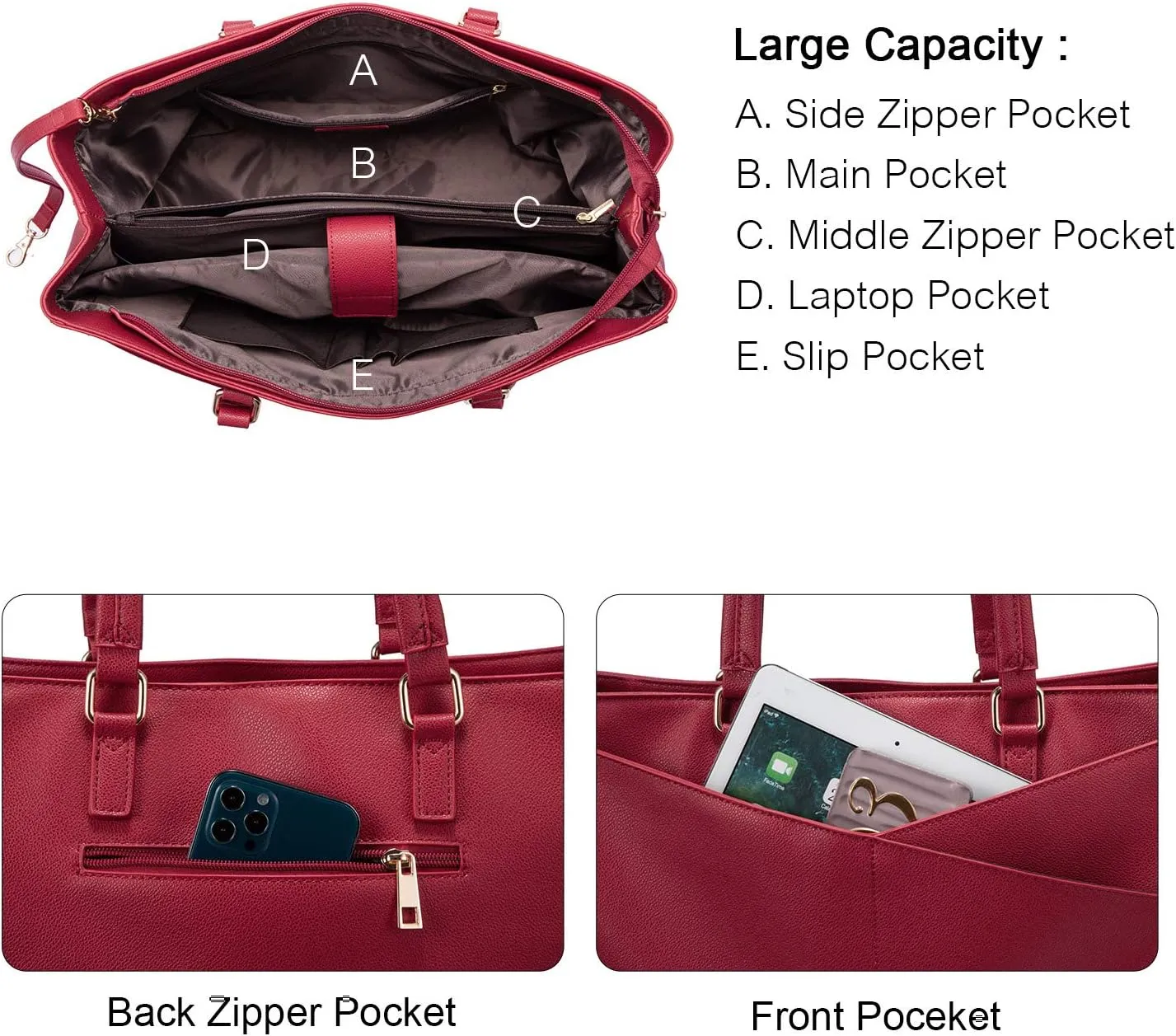 Laptop Tote Bag for Women 15.6 Inch Waterproof Leather Computer Bags Women Business Office Work Bag Briefcase Red